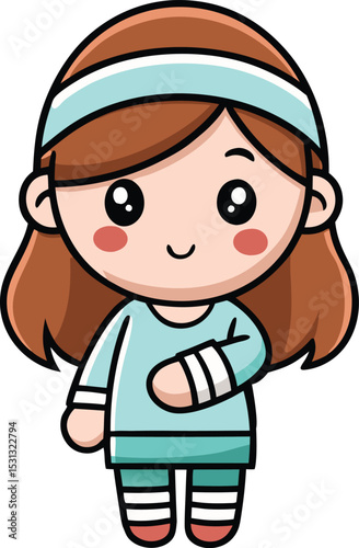Cute cartoon girl with bandaged arm