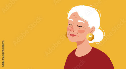 Elderly woman with white hair and gold earrings smiling in a red top against a yellow background