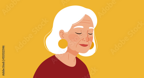 Woman with white hair and gold earrings smiling in a yellow background