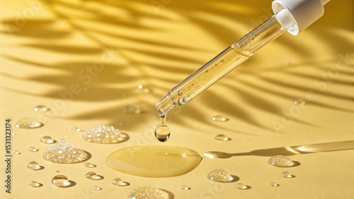 Droplet action from a pipette beauty product showcase yellow background liquid texture close-up view for visual appeal