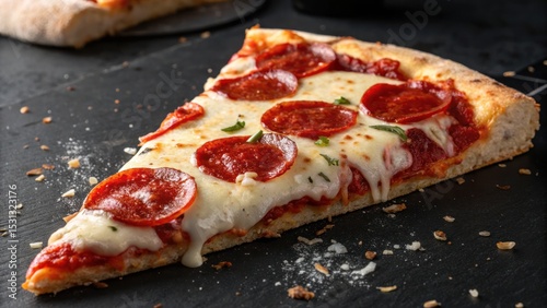 Delicious pepperoni pizza slice kitchen table food photography warm atmosphere close-up savory delight