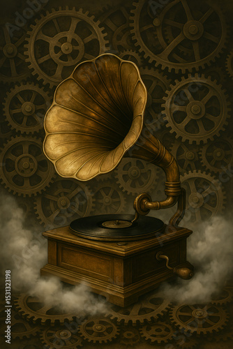 Steampunk Gramophone with Brass Horn on Misty Base Amid Interlocking Gears – Vintage Audio Machine in Warm Light with Mechanical Elegance and Industrial Aesthetic