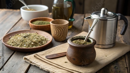Brewing tradition preparing yerba mate cozy kitchen food photography rustic setting close-up cultural ritual