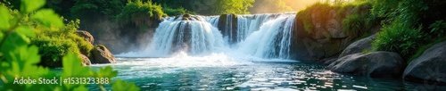 Cascading springtime waterfall, vibrant green foliage surrounding the powerful flow of water Sunlit, fresh, and lively, perfect for nature, travel, and environmental themes , natural, leaves