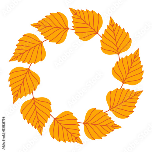 Simple yellow orange birch leaf circle frame. Cute wreath border of autumn leaves. Hello fall. Vector seasonal illustration. Template for poster, postcard.