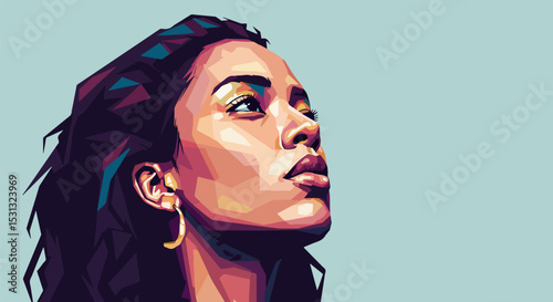 Vibrant low-poly illustration of a woman in profile with dark braided hair and hoop earrings