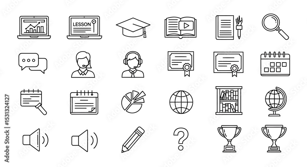 Fototapeta premium Vector icons Set of Collection of Educational and Business Icons Depicting Learning Success and Communication. Vector Illustrations