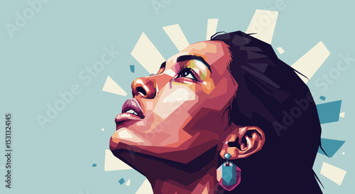 Close-up of a woman with bold colorful makeup and dangling earrings in a low-poly digital illustration