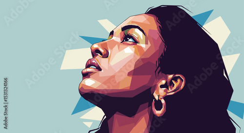 Woman with contemplative expression in low-poly art style with geometric background