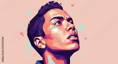 Profile portrait of a woman with short dark hair in vivid low-poly geometric art style