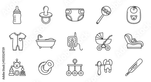 Vector icons Set of  Collection of Essential Baby Items in Simple Line Art Style. Vector Illustrations