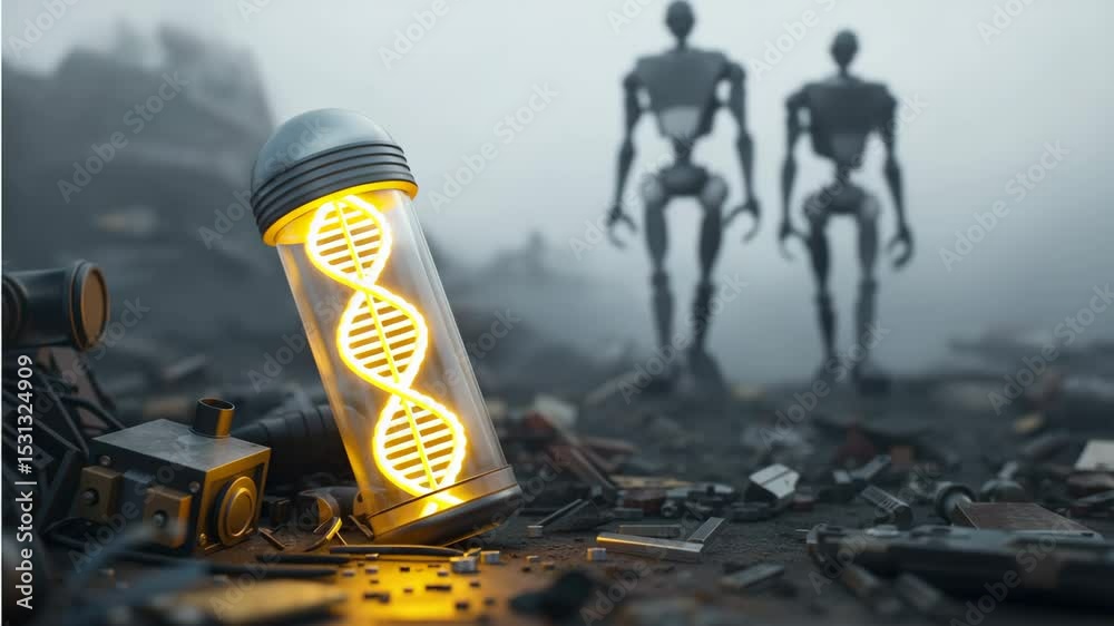 Zerstörbare menschliche DNA wird von KI Roboter entdeckt und zerstört im Reagenzglas auf technischer Müllhalde. Künstliche Intelligenz KI