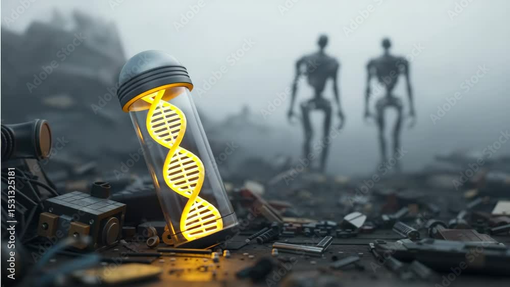 Zerstörbare menschliche DNA wird von KI Roboter entdeckt und zerstört im Reagenzglas auf technischer Müllhalde. Künstliche Intelligenz KI