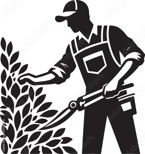 A silhouette of a gardener trimming a hedge with shears wearing overalls and a cap on white