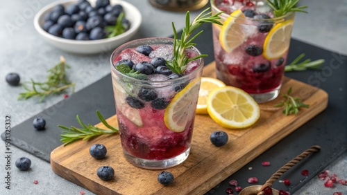 Refreshing blueberry lemonade cocktails home bar beverage photography cozy kitchen overhead view summer vibes