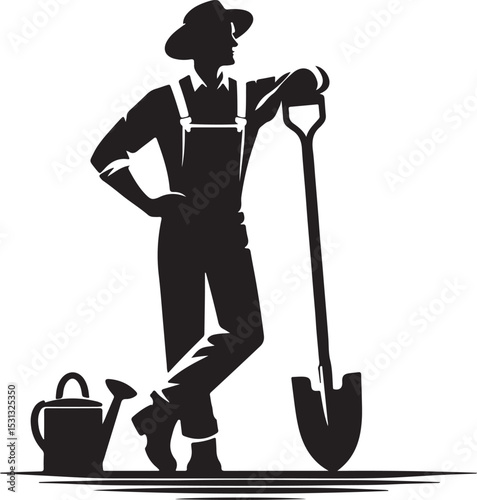 Silhouette of a farmer leaning on a shovel with a watering can in black and white art