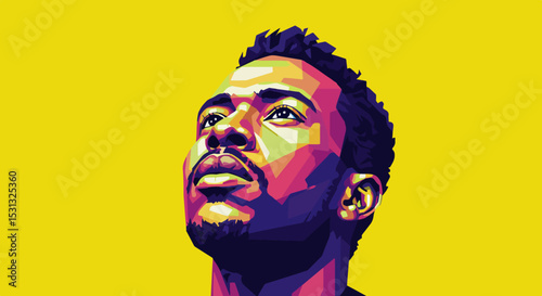 Young man with short dark hair and facial hair in a vivid geometric digital art portrait