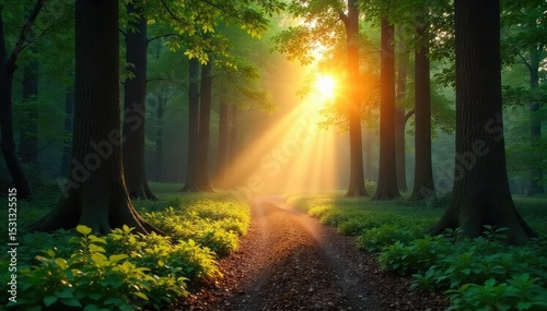 Serene forest scene at dawn, sun rays filtering through leaves illuminating a tranquil path Perfect for nature, travel, and wellness themes , greenery, forest, scenery
