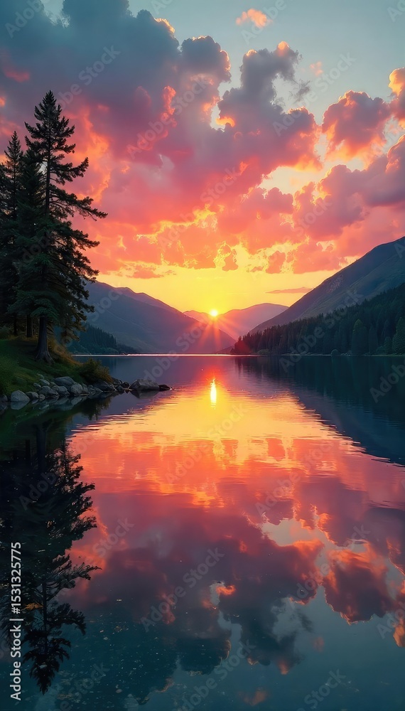 Obraz premium Serene summer lake scene at sunset Calm water reflects the warm colors of the sky Ideal for travel, nature, and vacation themes , majestic, mountains