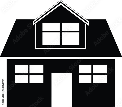 Residential Silhouette: A sleek, monochromatic silhouette of a modern home with clean lines, simple windows, and a distinctive roof design, perfect for representing domestic spaces.
