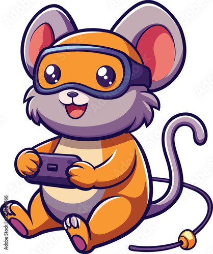 Cute cartoon mouse playing video games