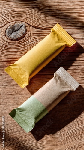 Snack bar wrappers on wooden surface