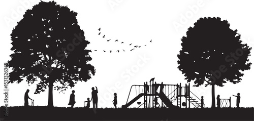 Children Playing on Outdoor Playground with Trees Silhouette Illustration