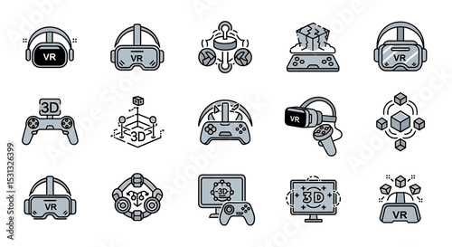 Vector icons Set of  Collection of Grey Virtual Reality and 3D Icons. Vector Illustrations