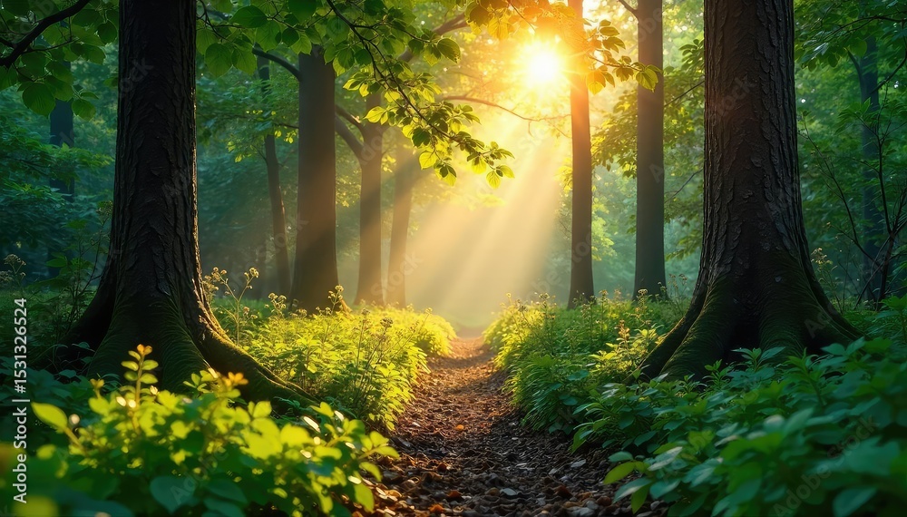 Naklejka premium Warm sunlight streams through leaves onto a forest floor, illuminating dappled shadows and lush greenery Perfect for nature, ecology, and environmental themes , natural, forest floor