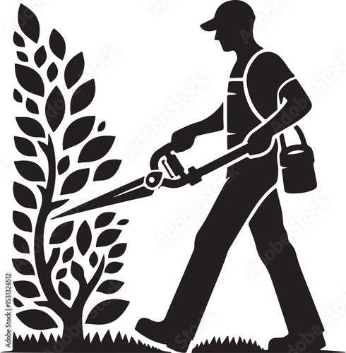 A silhouette of a gardener trimming a tree with shears in a black and white illustration
