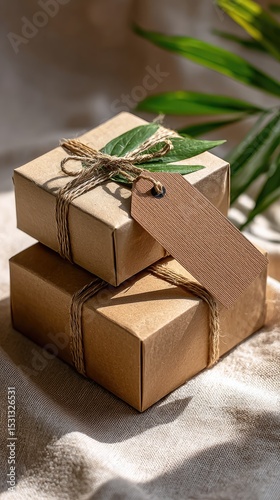 Stacked kraft gift boxes with tag and leaf