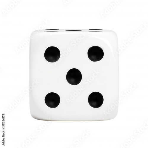 Close-up of a single white die with five black dots on transparent background