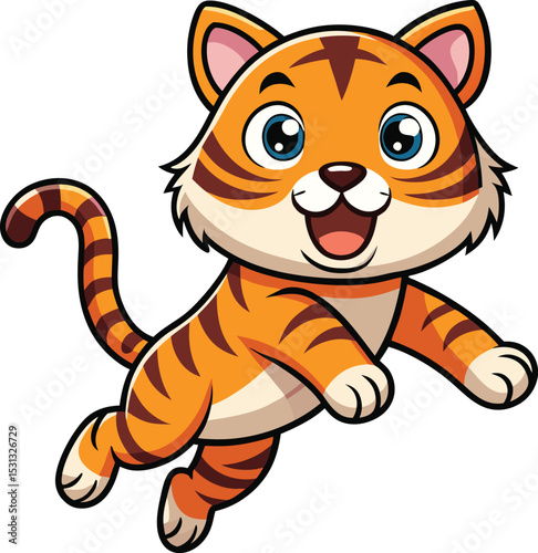 Adorable cartoon tiger cub jumping joyfully