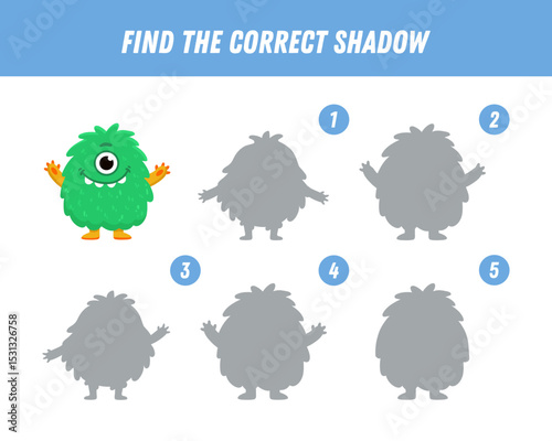 Find correct shadow of cute monster. Educational logical game for kids. Halloween game. Cartoon monster. Vector
