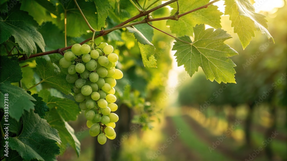 Fototapeta premium Harvesting green grapes in a sunny vineyard rural landscape nature photography early morning light
