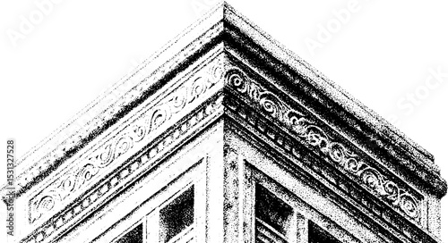 Architectural detail of a blocky tower with ornate concrete balcony