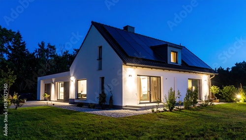 Modern house with solar panels at night