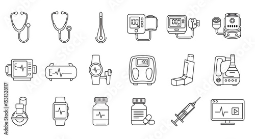Vector icons Set of  Collection of Medical Equipment and Healthcare Technology Icons. Vector Illustrations