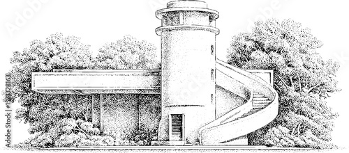Monochrome brutalist architecture with concrete facade and spiral staircase