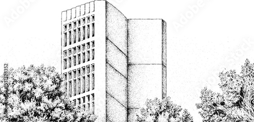 Brutalist building silhouette with precast concrete blocks in urban landscape