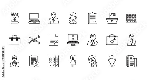 Vector icons Set of  Collection of Minimalist Business and Office Icons in Black and White. Vector Illustrations