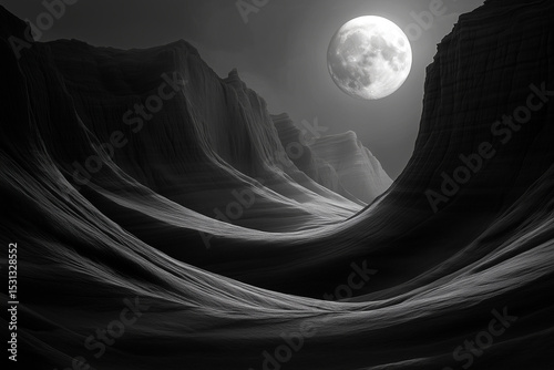 Abstract rock formations in black and white canyon, kissed by gentle moonlight, tranquil mood, monochrome canyon, stone textures, shadow and light, soft lighting, rocky textures