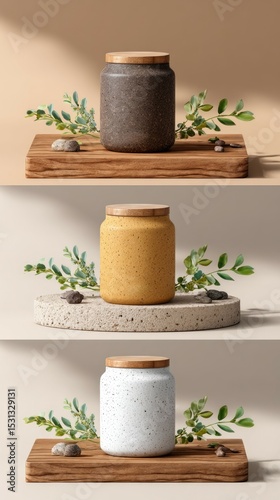 Three jars on wooden platforms