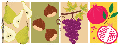 Colorful Vector Fruit Set – Pears, Chestnuts, Red Grapes, and Pomegranate Illustration Collection