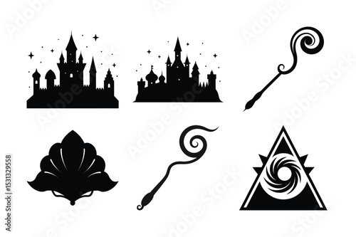 Fantasy Castle and Magical Objects Silhouette Icons