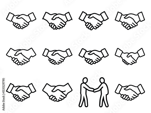 Bundle of Handshake Silhouette Icons in Minimalist Style on White Background – Business Agreement, Partnership, Unity, and Teamwork Concept Vector Set

