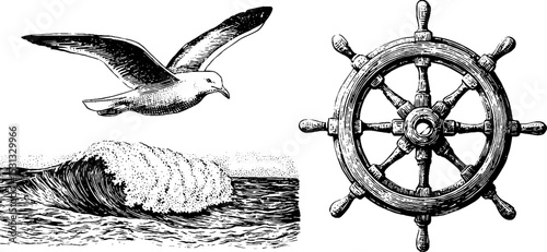 Nautical elements illustration with anchor, ship wheel, and ocean wave