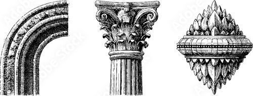 Architectural elements featuring arcaded arch and fluted column segment for classic design projects