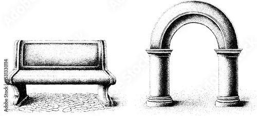 Architectural design with bench and sculptural archway for outdoor spaces