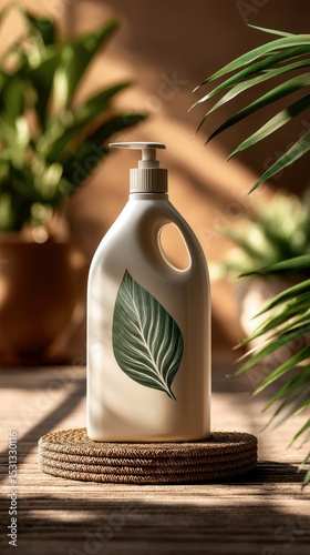 White plastic bottle with green leaf design